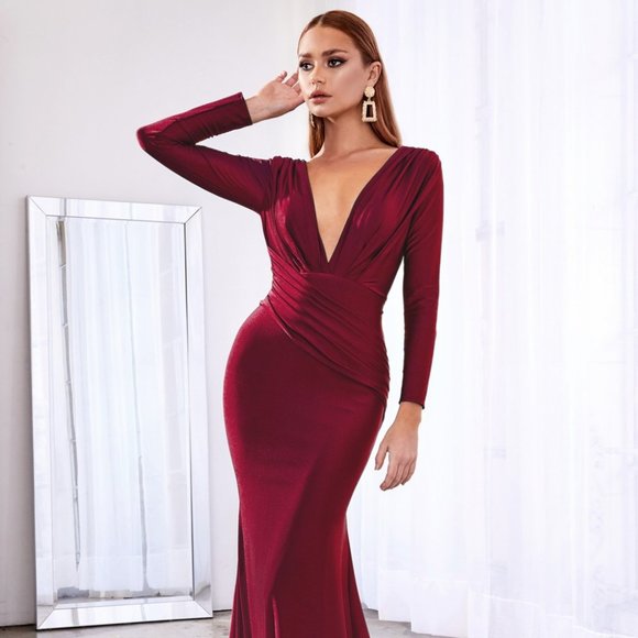 NEW BIRGUNDY V-Neck Mermaid Shape Satin Prom Dress CD0168 - Picture 3 of 8